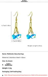 Detail of stainless steel drop earrings with faceted blue-green glass and size specs