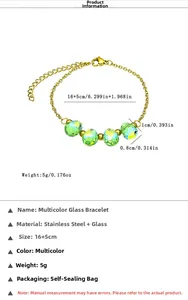 Detail view of 16+5cm stainless steel bracelet with green glass beads and size markings