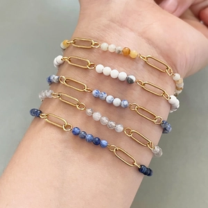 Bracelet En Perles De Pierre Naturelle Pour Femmes Acier Inoxydable Plaqué Or 18K Chaîne Trombone Réglable Bijoux Bohème