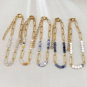 Bracelets trombones en acier inoxydable doré 18K avec perles en pierres naturelles