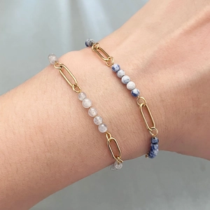 Bracelet en acier inoxydable plaqué or 18K avec perles en pierre naturelle blanche