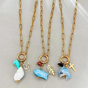 Ocean Series Pendant Necklace 18K Gold Plated Stainless Steel And Ceramic Dolphin Conch Fish Charms Fashion Jewelry For Women