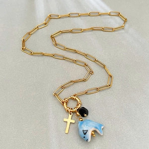 18K gold plated paperclip necklace with blue ceramic dolphin and golden cross pendant