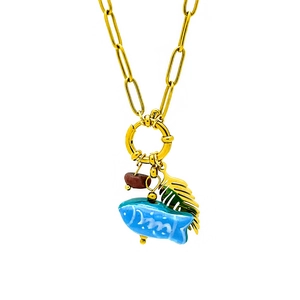 18K gold plated paperclip chain necklace with sea life charms and colorful ceramic fish pendant
