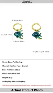 Dimensions des boucles d'oreilles poisson en émail bleu et vert en acier inoxydable