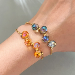 Colorful faceted glass teardrop bead bracelets with 18k gold plated stainless steel chain