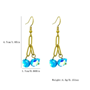 Blue crystal teardrop dangle earrings with gold chain in 4.7cm height and 1.7cm width