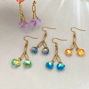 Colorful cherry-shaped glass crystal drop earrings with gold stainless steel hooks