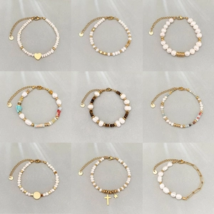 Bracelet En Perles D'eau Douce Naturelles Acier Inoxydable Plaqué Or 18K Pour Femmes Pendentif Coeur Croix Étoile Bijoux Élégants