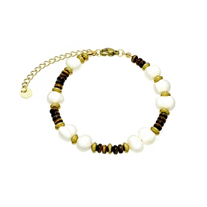 Bracelet en perles d'eau douce et bois avec chaîne en acier titane plaqué or 18 carats