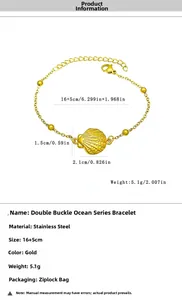 Detail view of gold stainless steel ocean bracelet with shell pendant and dimensions