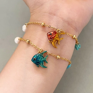 Marine Fish Bracelet For Women Stainless Steel 18K Gold Plated With Freshwater Pearl And Natural Stone Enamel Pendant