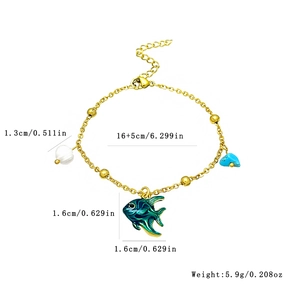 18K gold-plated stainless steel pearl bracelet with enamel fish and turquoise charms