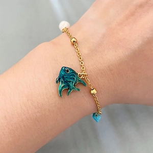 18K gold plated pearl bracelet with colorful enamel fish pendant for women fashion jewelry