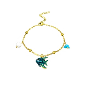 18K gold plated freshwater pearl bracelet with blue enamel fish and stone charms