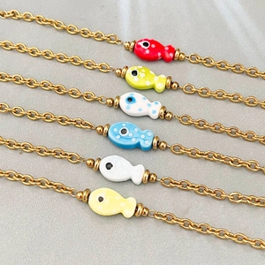 18k gold plated stainless steel bracelets featuring colorful ceramic fish charms set
