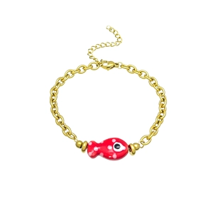 18k gold plated stainless steel chain bracelet with a red fish enamel charm for women