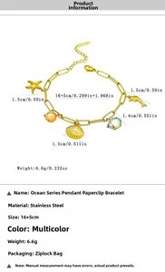 Detailed view of stainless steel ocean bracelet with starfish and shell charms measurements