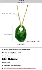 Detailed size specifications for green acrylic pendant necklace with dimensions and weight