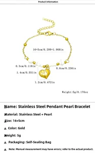 Detail of gold stainless steel pearl bracelet with heart pendant and 16+5cm size specs