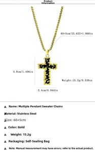 Detail of gold stainless steel cross pendant with size markers and black wavy texture inlay