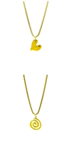 Detail of gold-plated stainless steel necklace set with heart and spiral swirl pendants