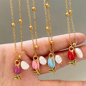 Stainless Steel Tulip Flower Enamel Pendant Necklace With Freshwater Pearl Gold Bead Chain Adjustable For Women