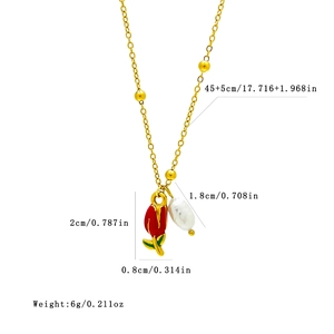Vintage golden tulip and baroque pearl necklace with red enamel detail and 45cm chain