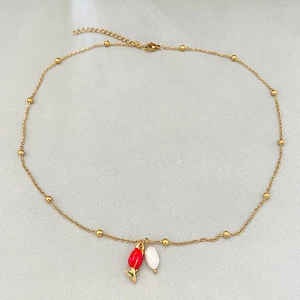 Vintage gold bead necklace with red tulip pendant and white baroque pearl charm