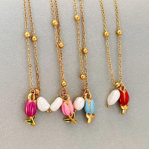 Vintage gold tulip flower enamel necklaces with irregular pearls in four vibrant colors