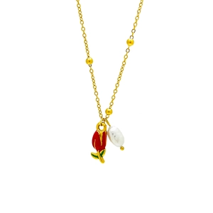 Vintage gold tulip flower pendant necklace with red enamel and white pearl drop