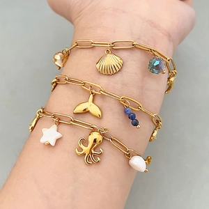 Gold Plated Stainless Steel Ocean Bracelet With Starfish Shell Seahorse Charms Faux Artificial Pearl Glass Beads Boho Jewelry For Women