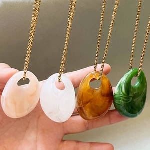 Geometric Pendant Necklace Stainless Steel Chain Irregular Acrylic Marble Texture Hollow Water Drop Sweater Chain Women