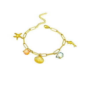 Gold ocean themed bracelet with starfish and shell charms on a minimalist linked chain