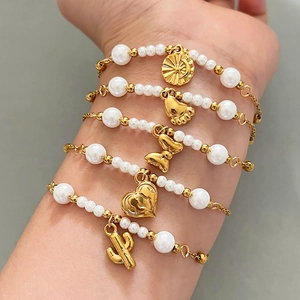 Stainless Steel Bracelet Gold Plated Faux Artificial Pearl Beaded Heart Butterfly Star Moon Pendants Elegant Boho Jewelry For Women