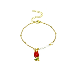 Collier en acier inoxydable doré avec perles et pendentif fleur de tulipe en émail rouge