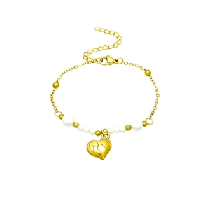Golden beaded bracelet featuring white pearls and a heart-shaped relief charm
