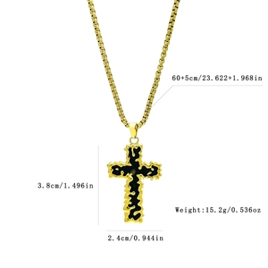 Vintage gold stainless steel cross necklace with black enamel inlay and box chain