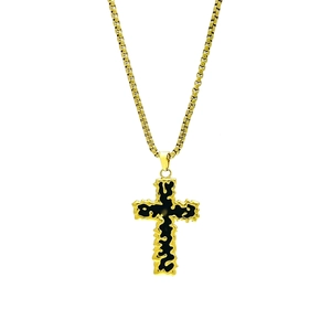 French vintage gold cross necklace with black enamel inlay on elegant box chain