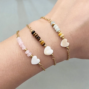Three-piece gold chain bracelet set with natural stone beads and heart shell pendants