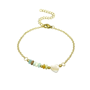 Golden chain bracelet with colorful natural stones and a white heart shell pendant charms