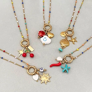 Collana Con Pendente Bohemien In Acciaio Inossidabile Placcato Oro 18K Smalto Perline Colorate Cuore Per Donna