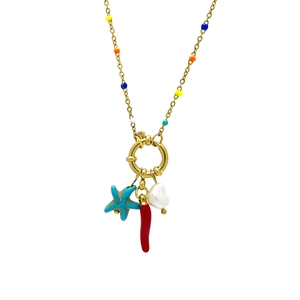 Collana bohémien placcata oro 18k con stella marina, peperoncino rosso e perla barocca