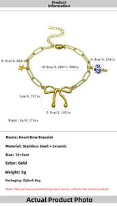 Detail view of gold stainless steel bracelet with ceramic bead and bow pendant dimensions
