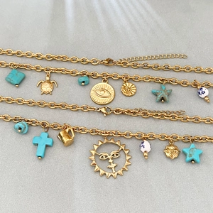Colliers en acier inoxydable plaqué or 18k avec pendentifs turquoise et vintage