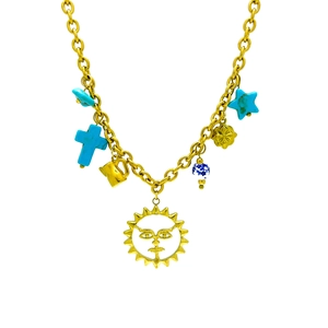 Collier en acier inoxydable plaqué or 18k avec breloques soleil, croix et étoiles