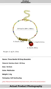 Détail du bracelet coccinelle en acier doré avec dimensions de longueur de 16+5cm