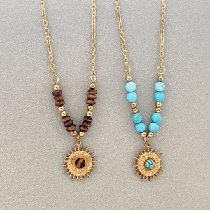 Bohemian 18K Gold Plated Stainless Steel Natural Stone Sun Pendant Necklace Tiger Eye Turquoise For Women Fashion Jewelry