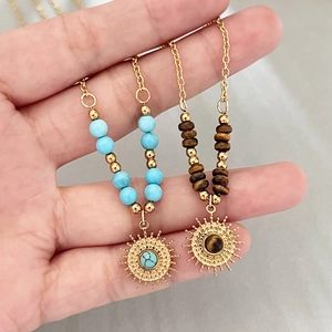 18k gold plated stainless steel sun pendant necklace with turquoise and tiger eye stones