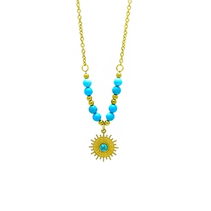 18k gold plated stainless steel necklace with blue turquoise beads and sun pendant
